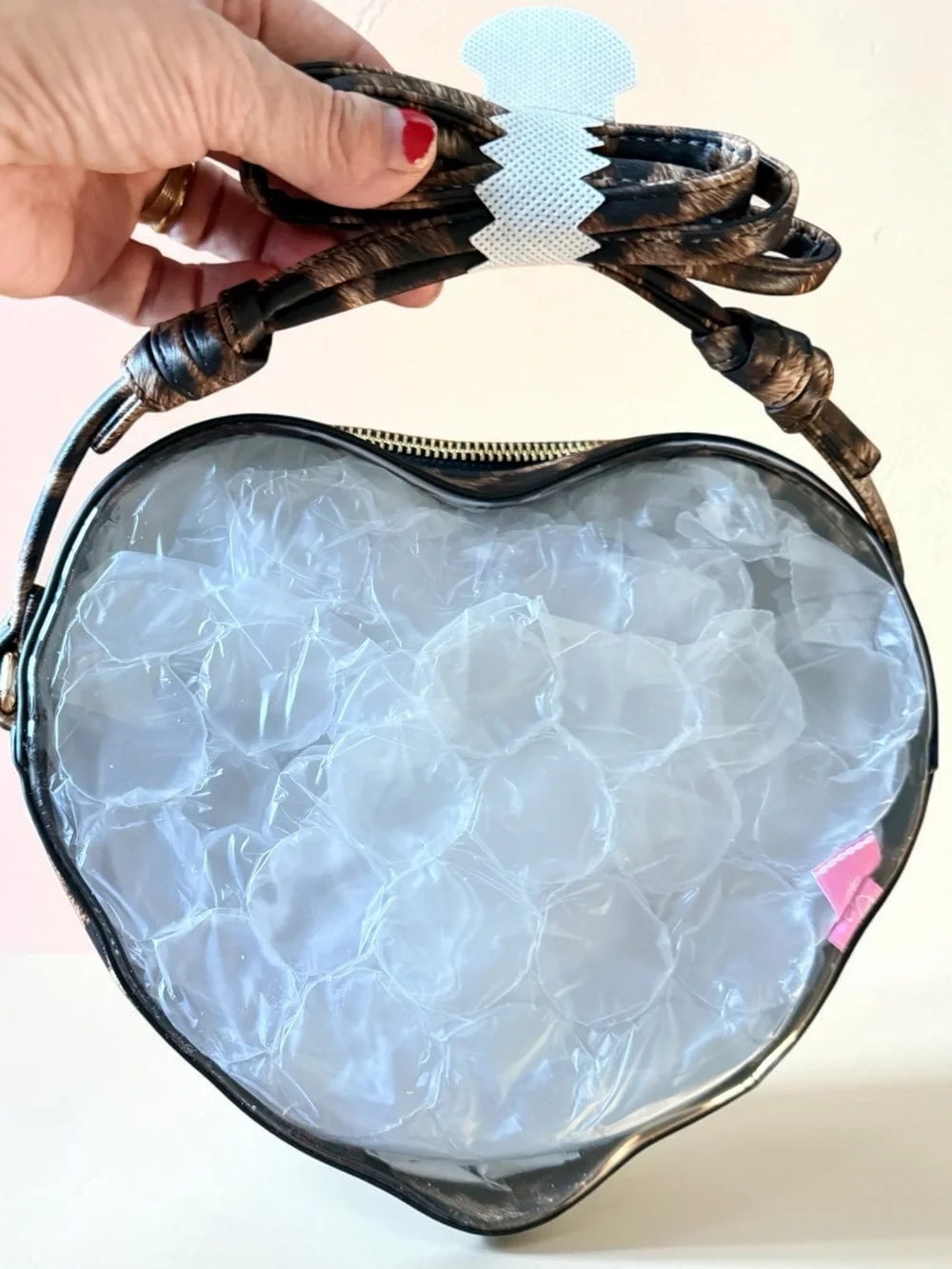 Pink Lily Vinyl Animal Print and Clear Heart-Shaped Crossbody Purse